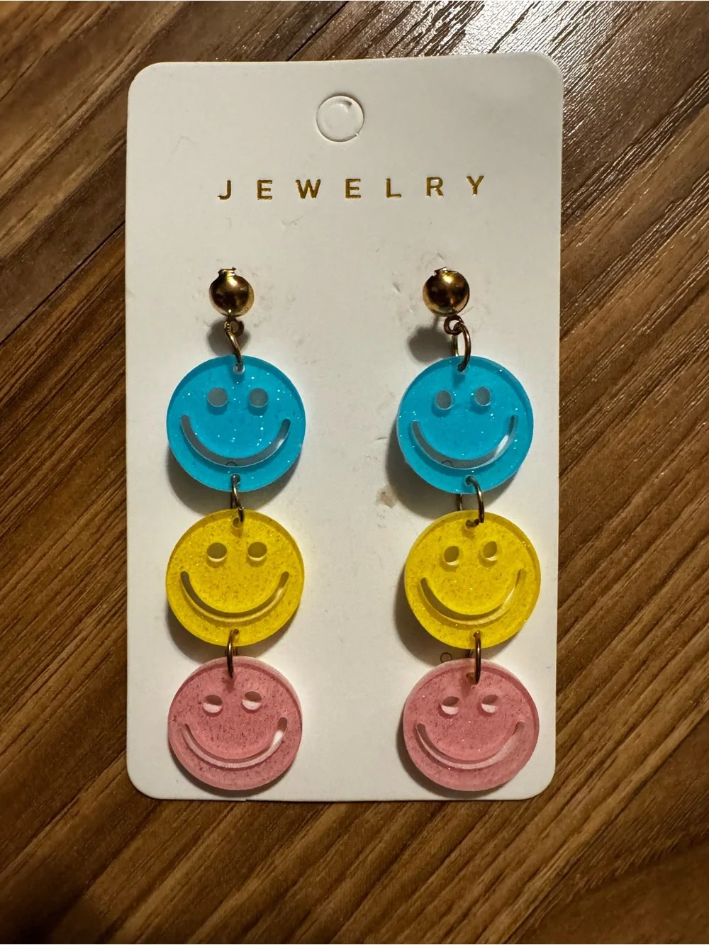 Colorful Smiley Drop Earrings — Blue, Yellow & Pink